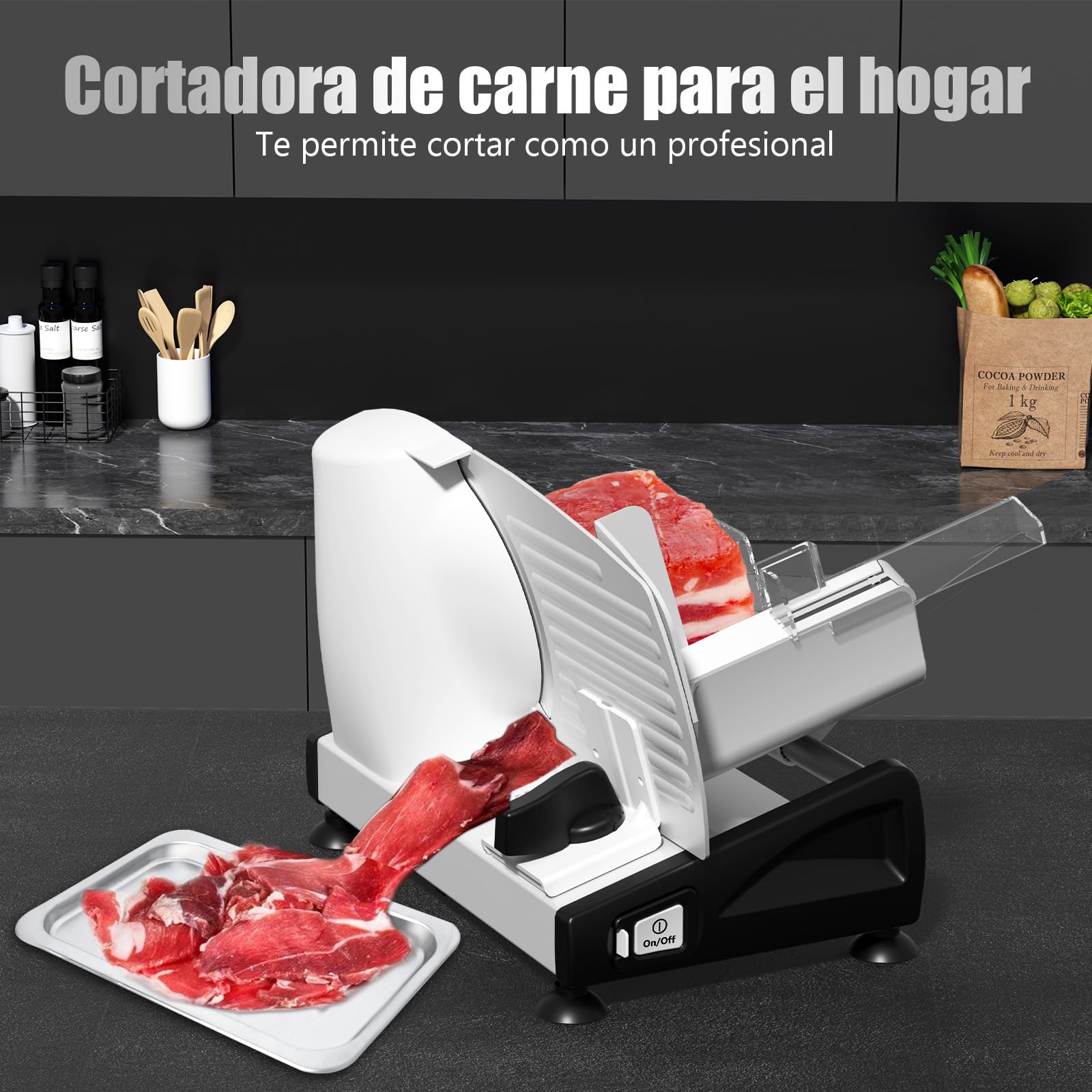 YASHE Cortadora De Fiambre Con Motor DC Silencioso, Cortafiambres Eléctrico Para Jamón 200W, Cuchillas De Acero Inoxidable Duales De 19CM, Grosor Ajustable De 0-15mm Para Carne, Queso, Pan Y Verduras