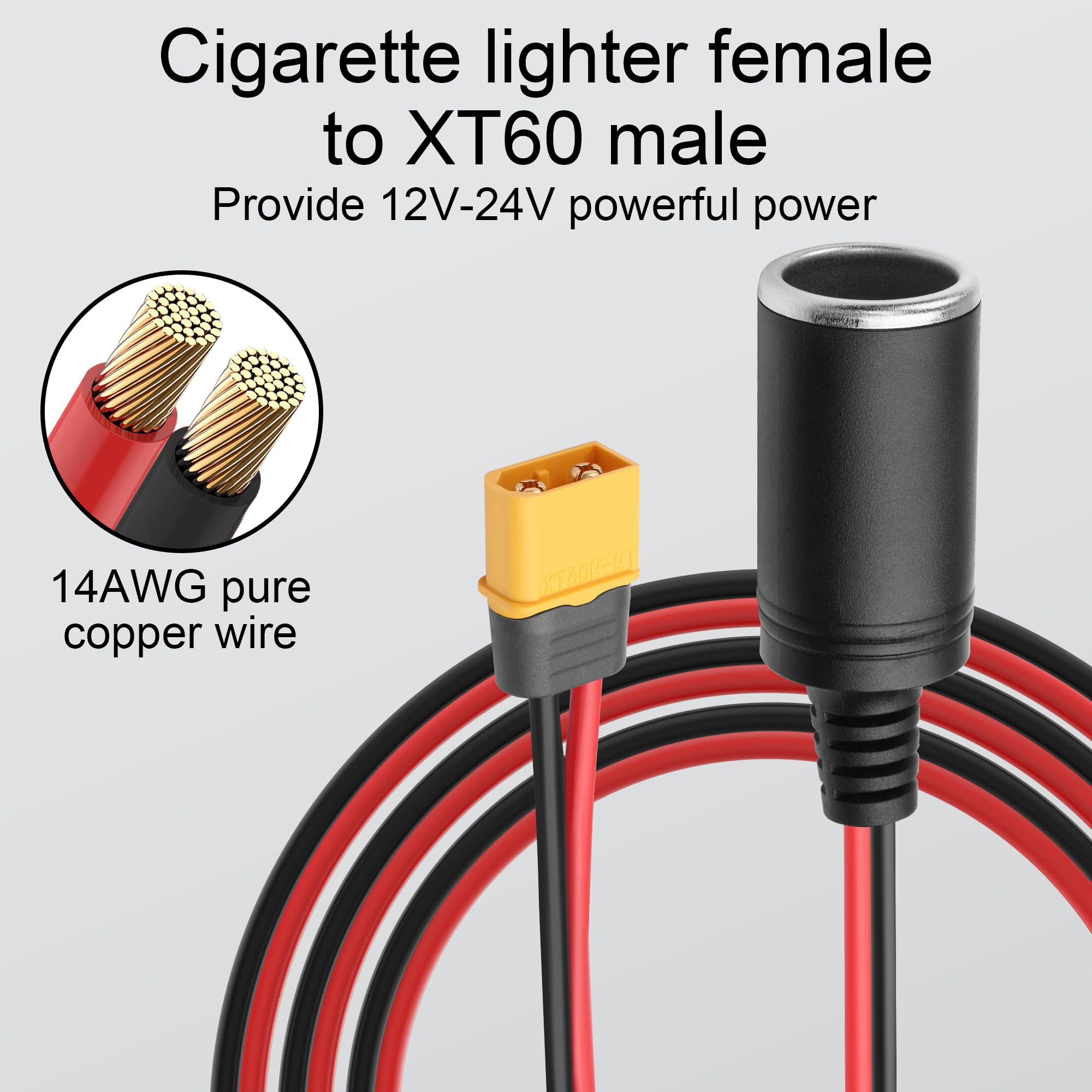 Adaptador XT60 Macho a Hembra para Encendedor, Cable 14 AWG para Moto/Barco/Autocaravana/Solar, 1,5 m