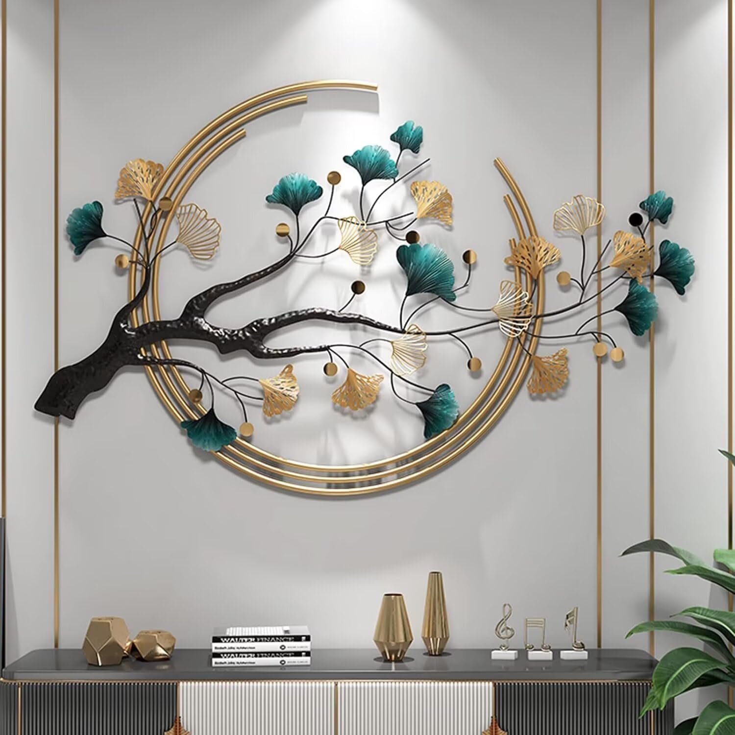 JKFGYTHG Décoration murale de luxe en métal avec des feuilles de ginkgo, décoration d'art naturel pour le salon, la chambre, la cuisine et l'hôtel, 134x83cm