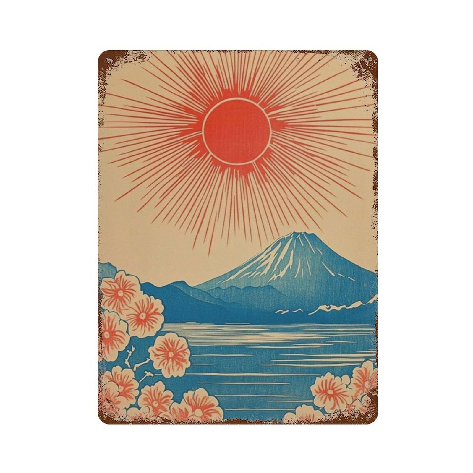 xiaoxiaoshen Mount Fuji Japanese Japan Landscape Red Sun Sakura Wall Decor Art Metal Tin Poster Modern Home Decor Art Home Bar Shop Decorations Vintage Sign 40x30cm