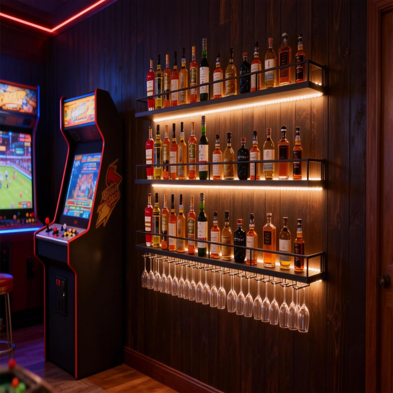 Botellero de Pared Industrial con Luz LED, Estante de Vino de Metal 3 Niveles con Portavasos, Multifuncional, Negro/Dorado, Varios Tamaños para Cocina, Bar, Cafetería (Negro, 140CM)