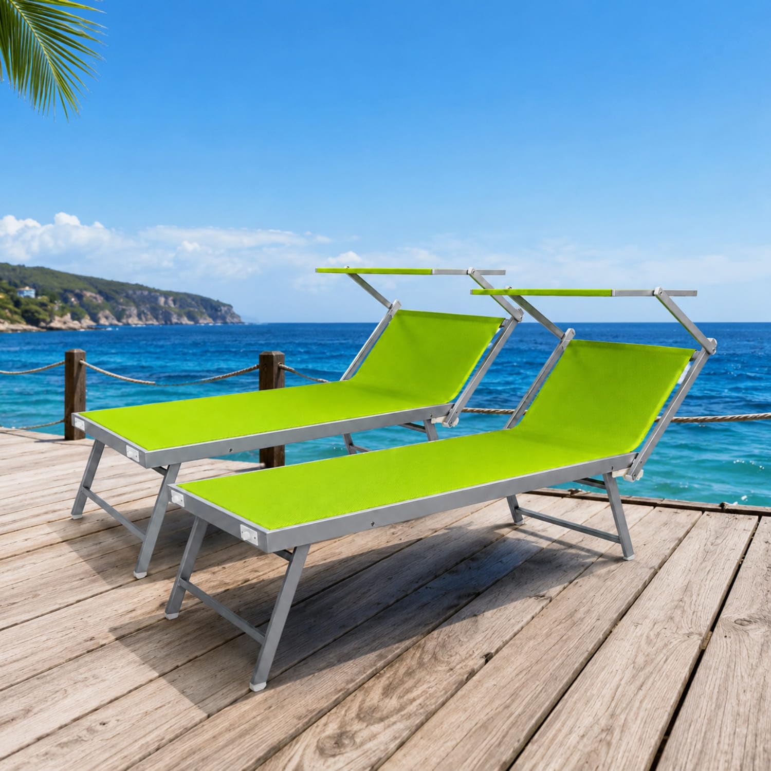 Coppia Di Lettini Prendisole Pieghevole Professionale In Alluminio Tettuccio Orientabile Tettino Parasole Sdraio Lettino Prendi Sole Mare Spiaggia Piscina Giardino 182 x 60 x 38 cm Verde Fluo