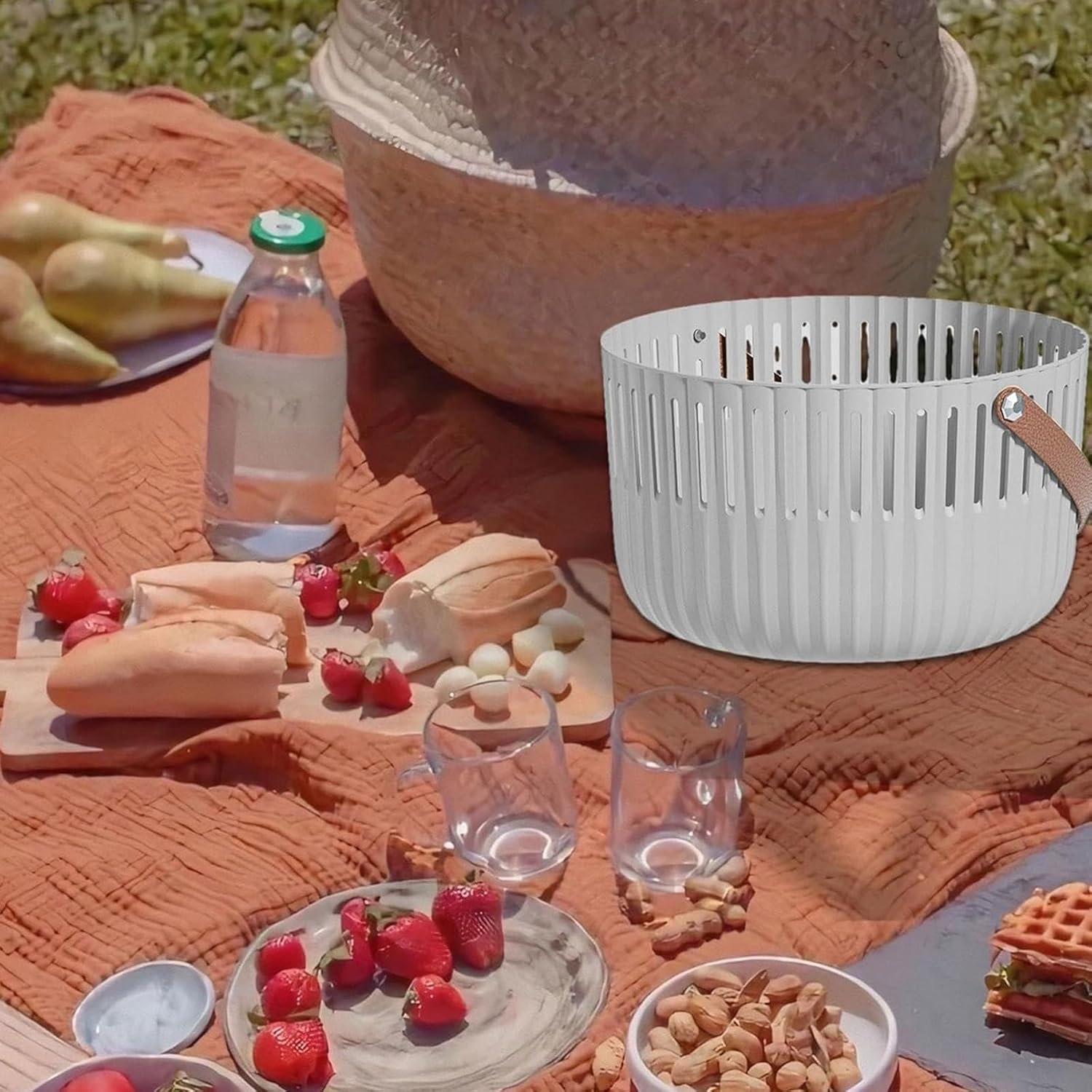 Round Camping Basket, Picnic Basket, Shopping Basket, with Leather Handle, for Festivals, Weddings, Camping(Gray)