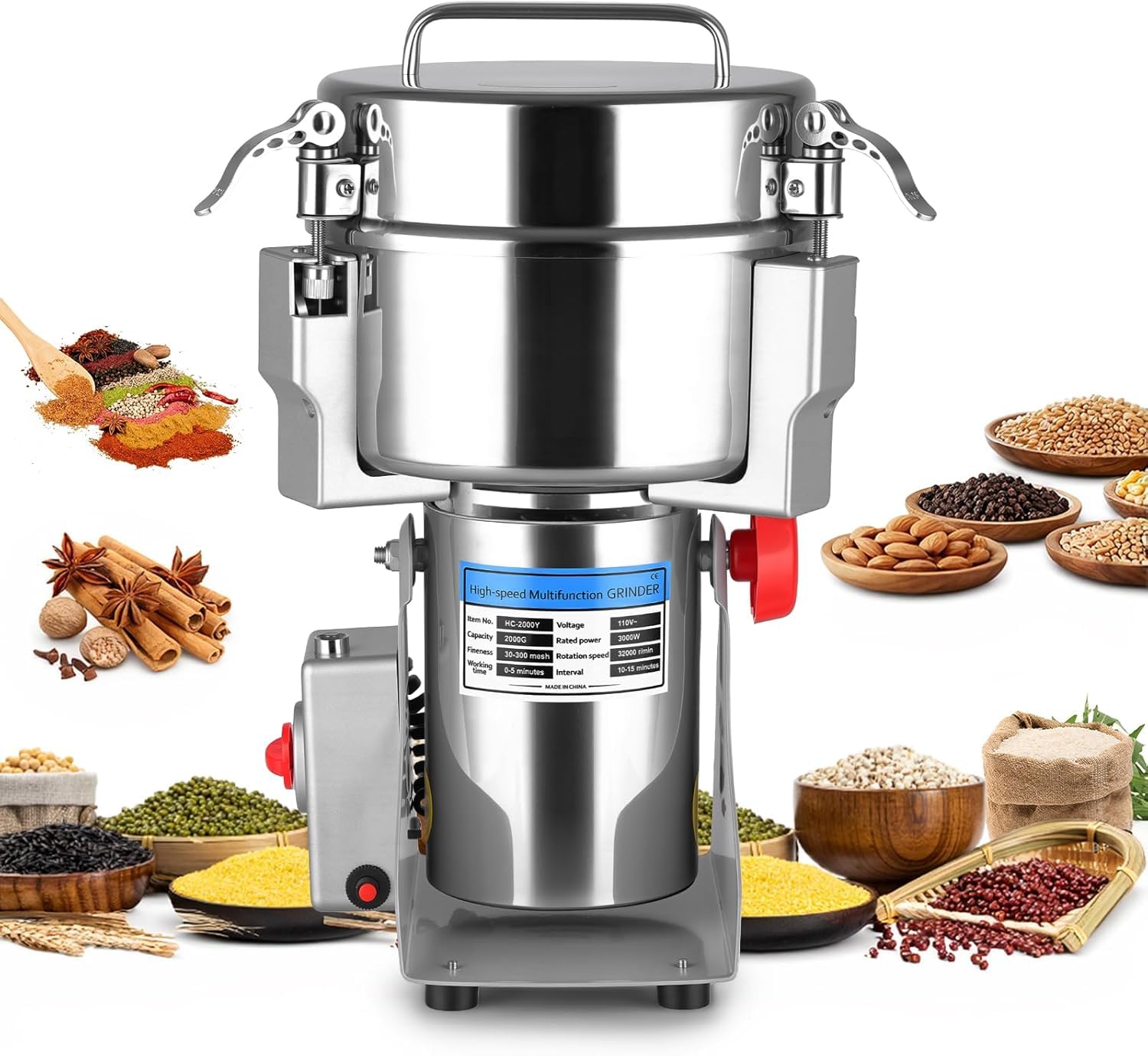 Molino De Granos con Capacidad para 2000 G, Alta Velocidad De 32000 RPM, Giro De 270°, Parada Automática Al Abrir La Tapa, Doble Sistema De Seguridad para Granos Secos, Harina, Maíz, Trigo Y