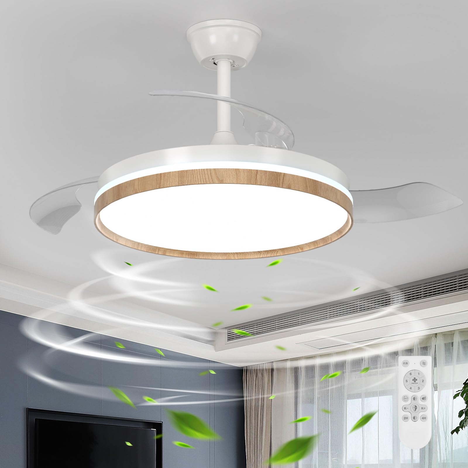Ventilatore da Soffitto con Luce e Telecomando, 3 Pale Retrattili, Reversibile LED Lampada Ventilatore da Soffitto Dimmerabile, 6 Velocità, Silenzioso Motore DC per Camera da Letto, Soggiorno