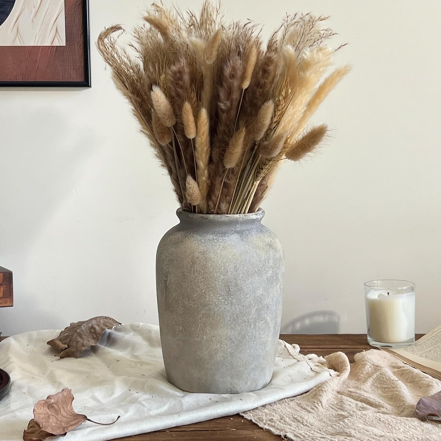 7.95 Inch Farmhouse Ceramic Vase, White Grey Rustic Vases for Living Room & Table Centerpieces, Decorative Ceramic Flower Vases for Shelf & Mantle, Vintage Pottery Vase for Home Decor