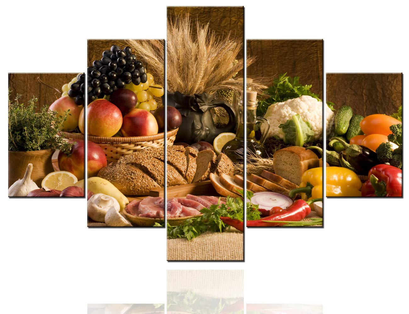 Dining Room Wall Art Green Fresh Vegetable Paintings Seasonal Fruit Pictures 5 Piece Prints on Canvas Wheat Bread Artwork for House Framed Gallery-Wrapped Ready to Hang Native Gift(60''W x 40''H)