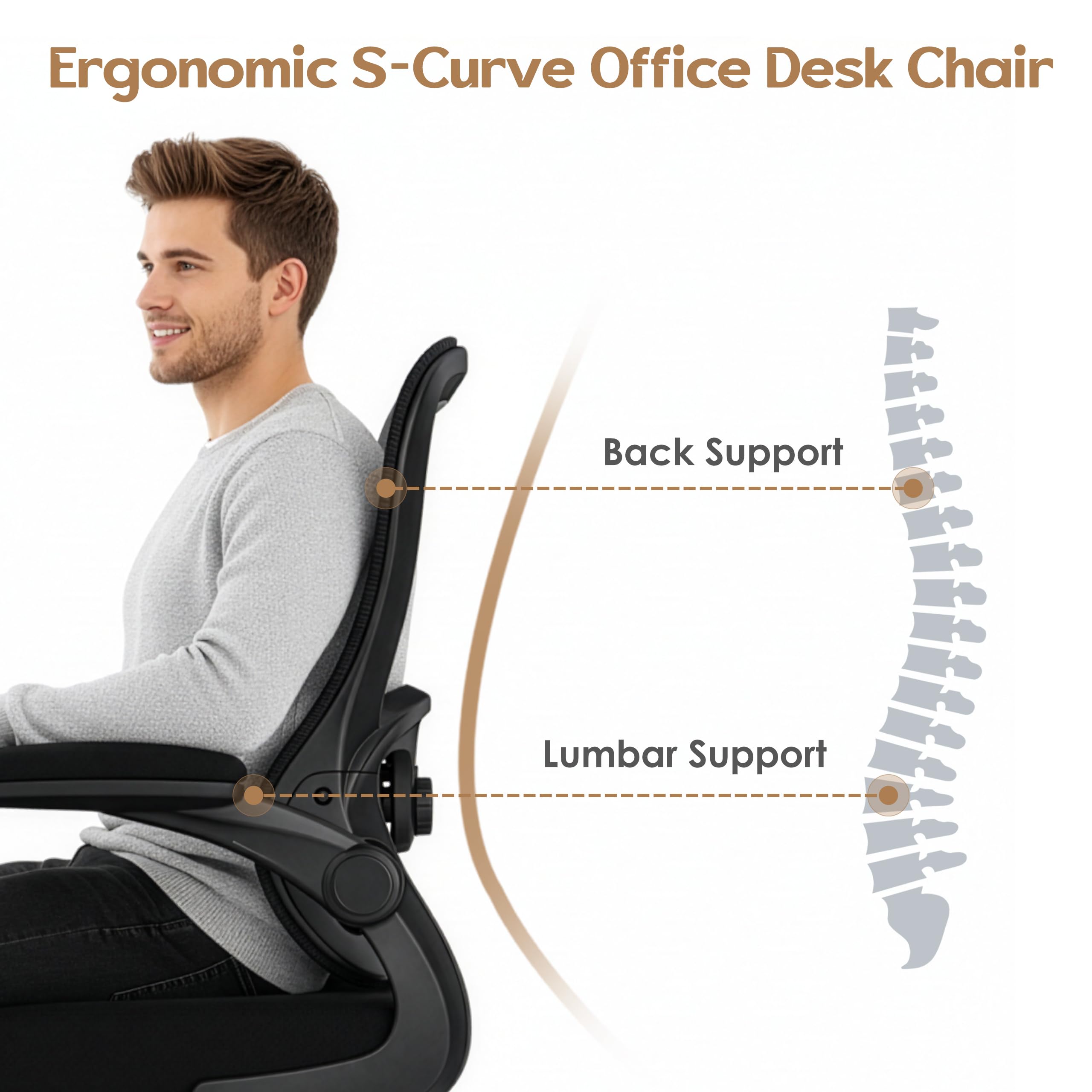Farini Sedia da ufficio ergonomica in rete, braccioli pieghevoli, supporto lombare regolabile, girevole a 360°, ruote, per casa e scrivania, nera