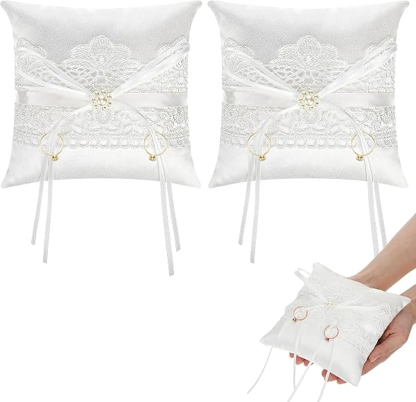 Coussin d’Alliance Mariage 2 Pièces 15x15 cm Blanc en Dentelle, Porte-Alliances Élégant, Support pour Bagues de Fiançailles et Cérémonie de Mariage - 1
