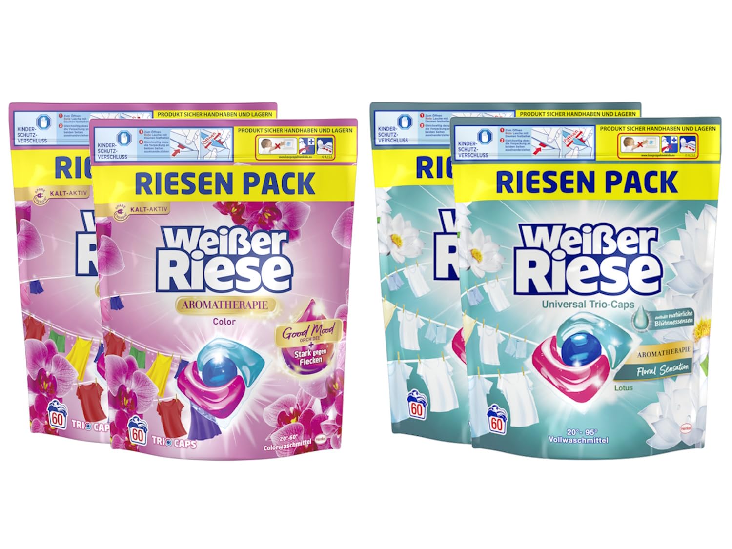 WEISSER RIESE Trio-Caps-Set 2x 120 Waschladungen (240WL) Aromatherapie 1x Color Orchidee & 1x Universal Lotus, mit Good Mood-Duft für unwiderstehlich duftende & strahlend saubere Wäsche