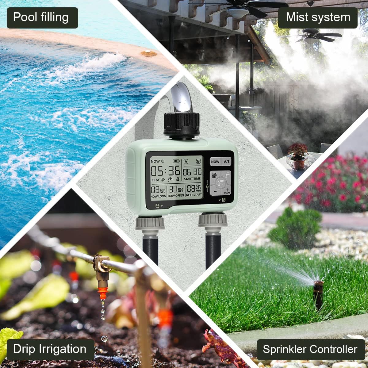 johgee HCT-326 Irrigation Computer installed on a faucet with rain falling, and an inset showing the display with the rain delay icon and updated next start time.