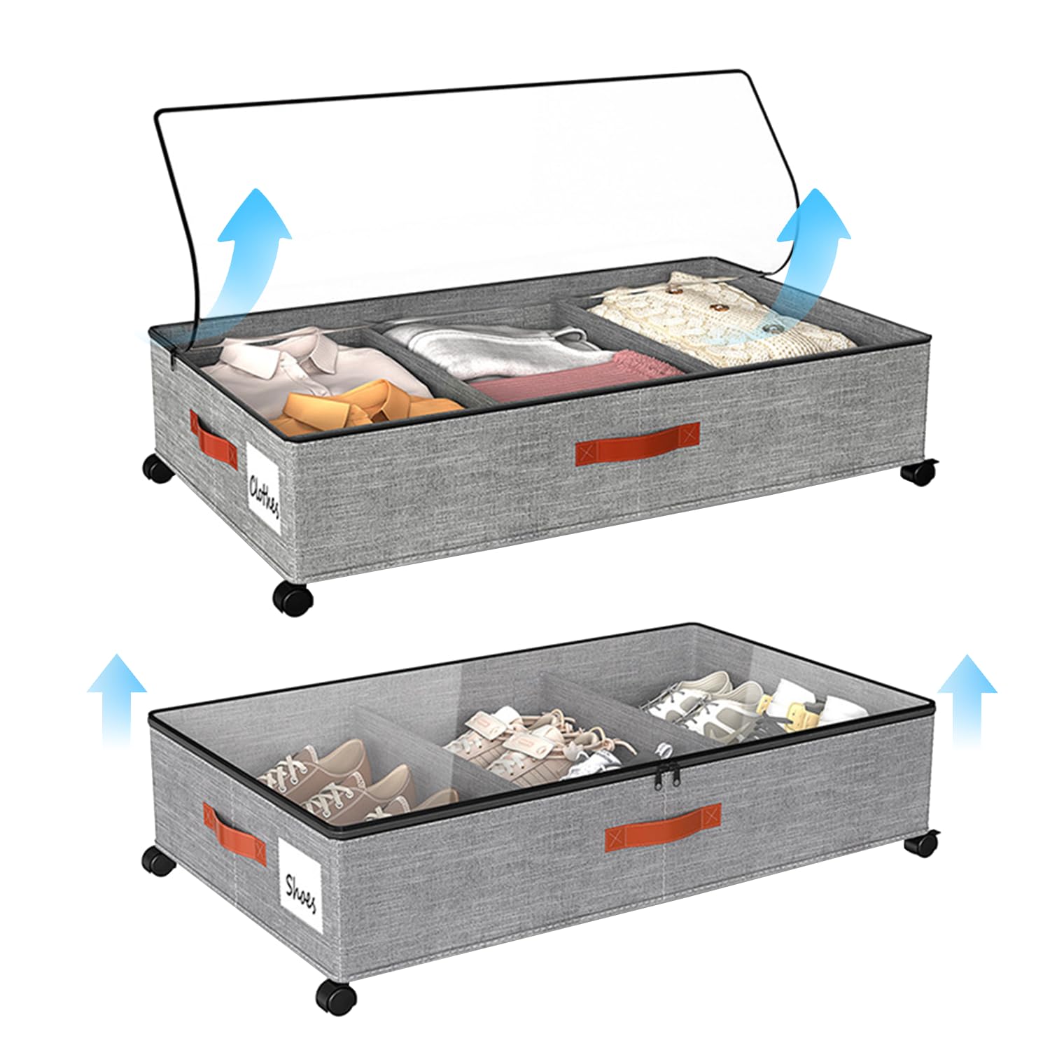 LengSuaa 2 Pack Rolling Storage Containers with Clear Lid & Label, Underbed Storage Bag on Wheels 360° Rotation Under Bed Drawers, Large Underbed Boxes for Clothes, Shoes, Blankets & Toys