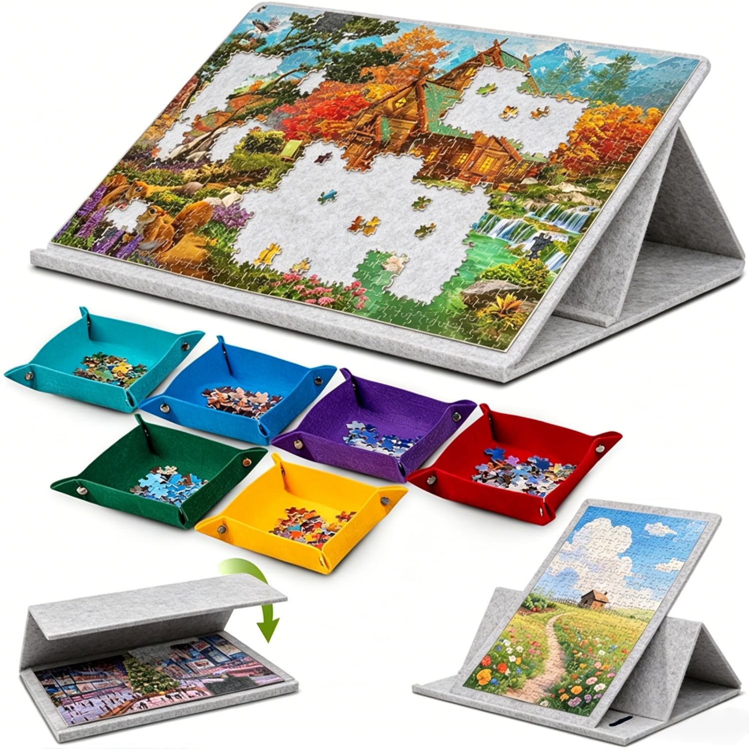 Tavola per puzzle inclinabile con supporto 2 in 1 e coperchio, 1000 pezzi, tavolo portaoggetti in feltro, regolabile in 3 angolazioni, 6 vassoi di ordinamento, tavola puzzle leggera e portatile per