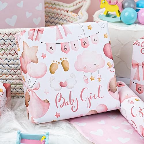 Miniatura 7 de MAYPLUSS Papel de regalo rosa para bebé, papel de regalo para niños, adorable oso rosa, nube, globo y lazo, papel de regalo para baby shower, primer