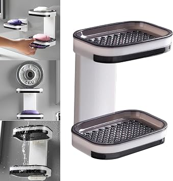 Double Layer Soap Dish with Draining Tray and Suction Cup,Soap Case Holder Saver for Shower/Bathroom/Sink Deck, Keep Soap Bars Dry Clean, Drill-Free, Soap Holder Suitable for Soap,Gray