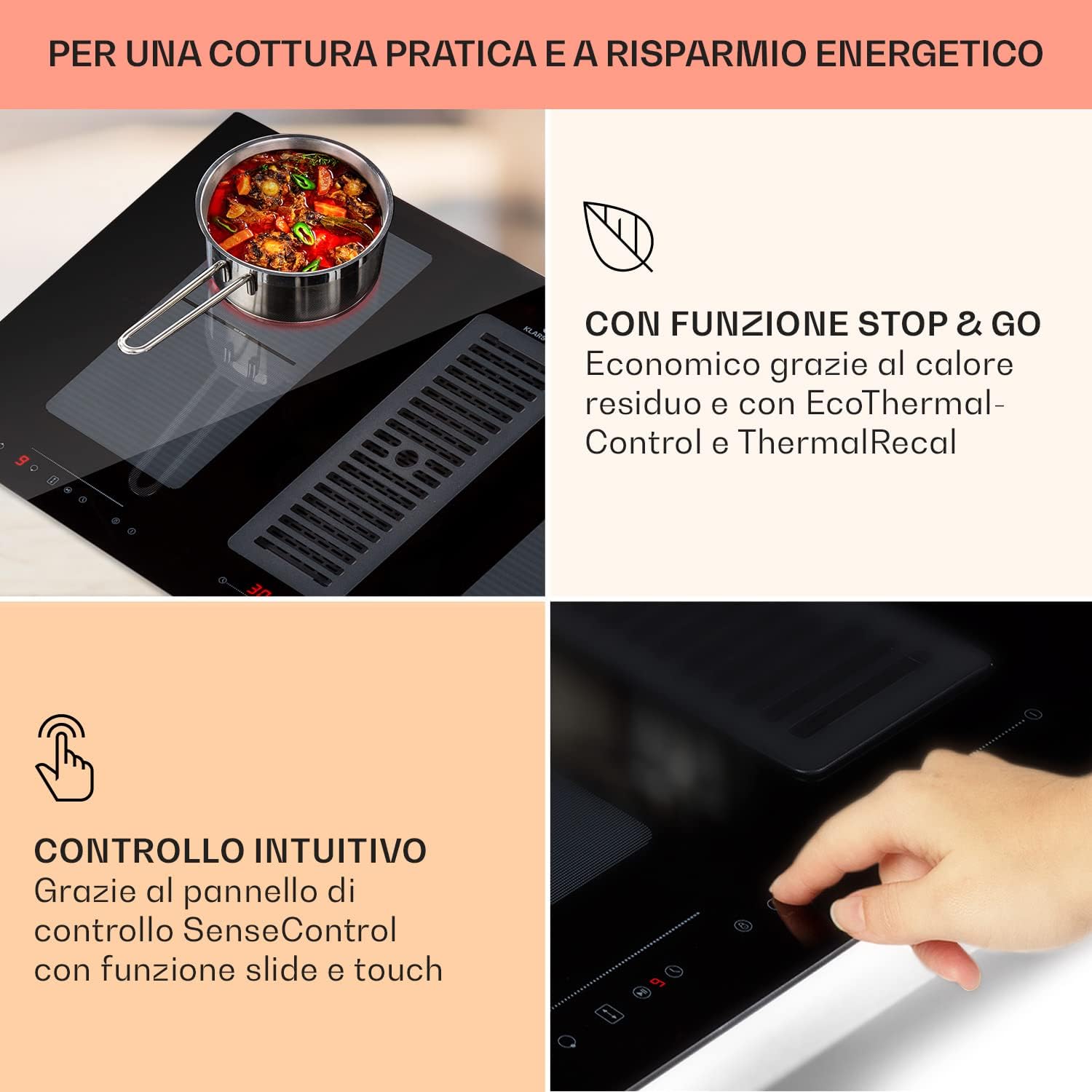 Klarstein 2 in 1 Piastra Induzione in Ceramica e Cappa Aspirante 654m³/h per Cucina a Isola, Piano Cottura 4 Fuochi, Piano Cottura con Controllo Touch, Classe A Klarstein 2 in 1 Piastra Induzione in Ceramica e Cappa Aspirante 654m³/h per Cucina a Isola, Piano Cottura 4 Fuochi, Piano Cottura con Controllo Touch, Classe A