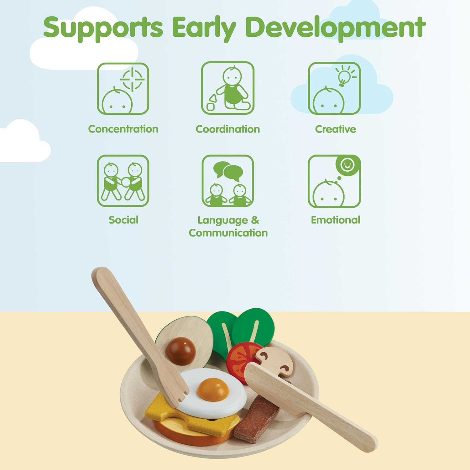 PlanToys Wooden Breakfast Pretend Play Kitchen Food Playset (3611) | Sustainably Made from Rubberwood and Non-Toxic Paints and Dyes | Eco-Friendly PlanWood