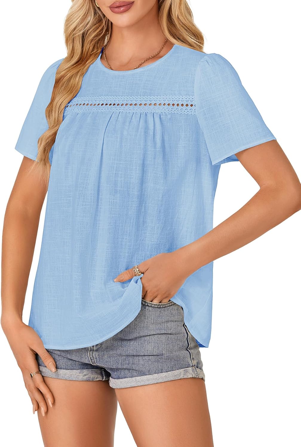 Vrtige Women's Crewneck Lace Crochet Shirt Eyelet Short Sleeve Casual Blouse Shirt Top - Image 3