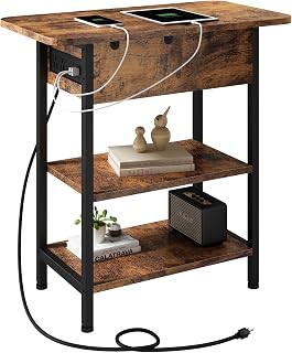 End Table with Charging Station, Flip Top Side Table with Storage, Brown