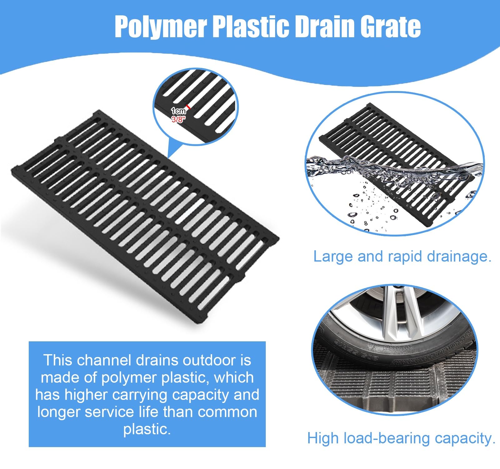 Caniveau Exterieur Grille de Drainage de Tranchée Linéaire en Plastique, Couvercle de Drainage Extérieur Robuste pour Terrasse de Jardin, Garage, Filtres à Eau de Pluie Étroits pour Bloquer(Black,25cm
