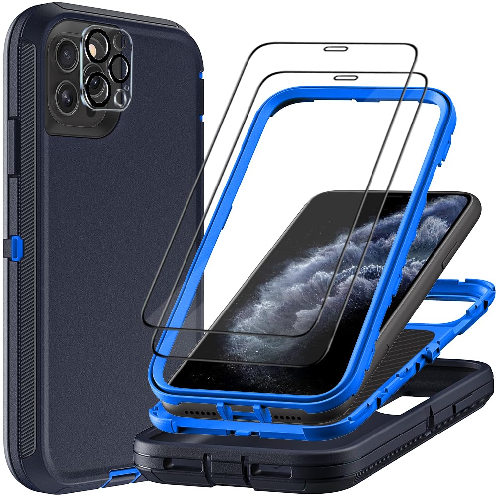 TFDSEUGH for iPhone 11 Pro Case with 2Pcs Tempered Glass Screen Protector and 1Pcs Camera Lens Protector, Military Grade 3 in 1 Heavy Duty Shockproof/