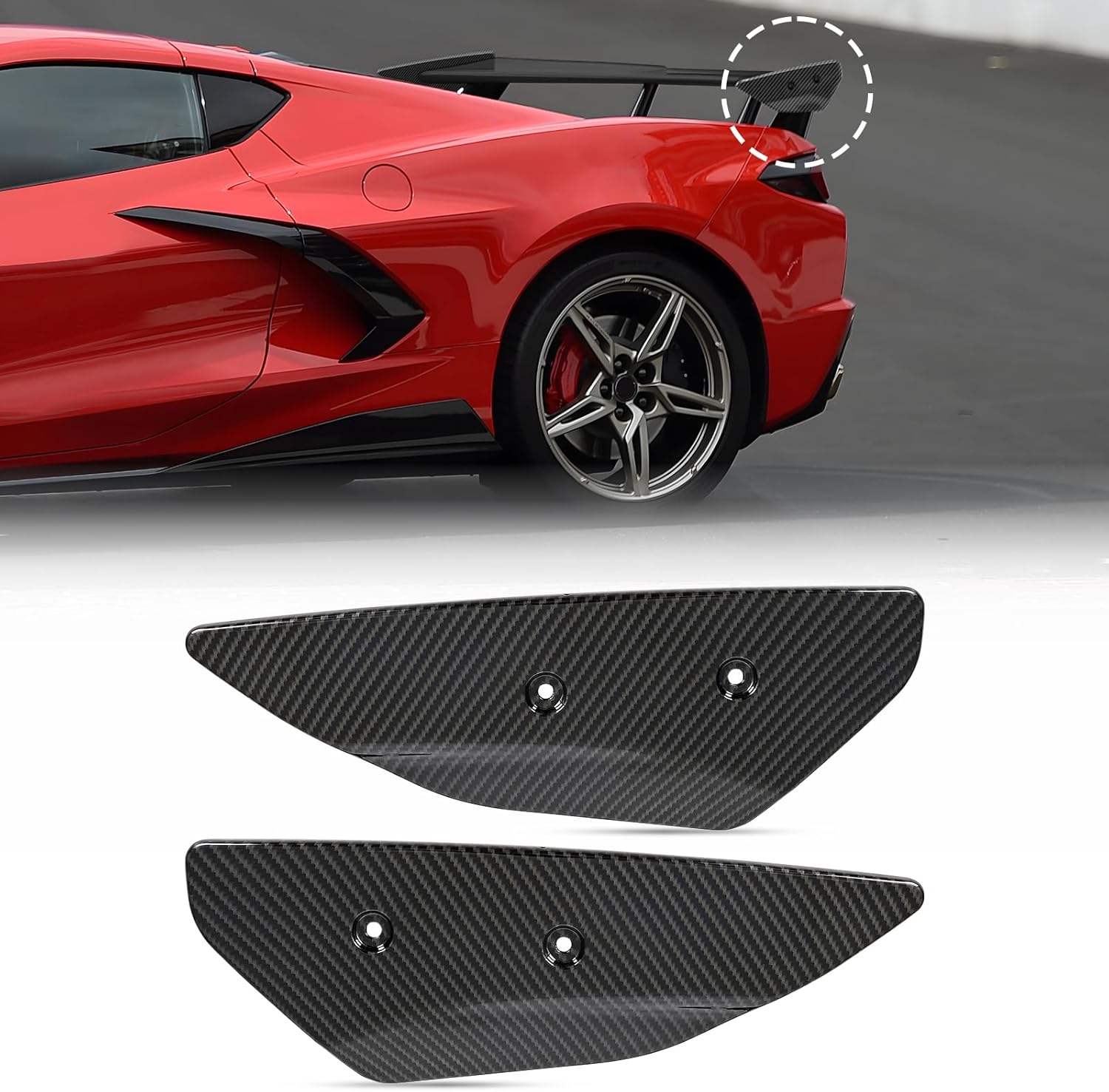 Rear High Wing Spoiler Side Winglet fit for Chevy Corvette C8 Stingray Coupe Convertible 5VM with Factory Rear High Wing Spoiler 2020-2024 (Carbon Fiber Texture)