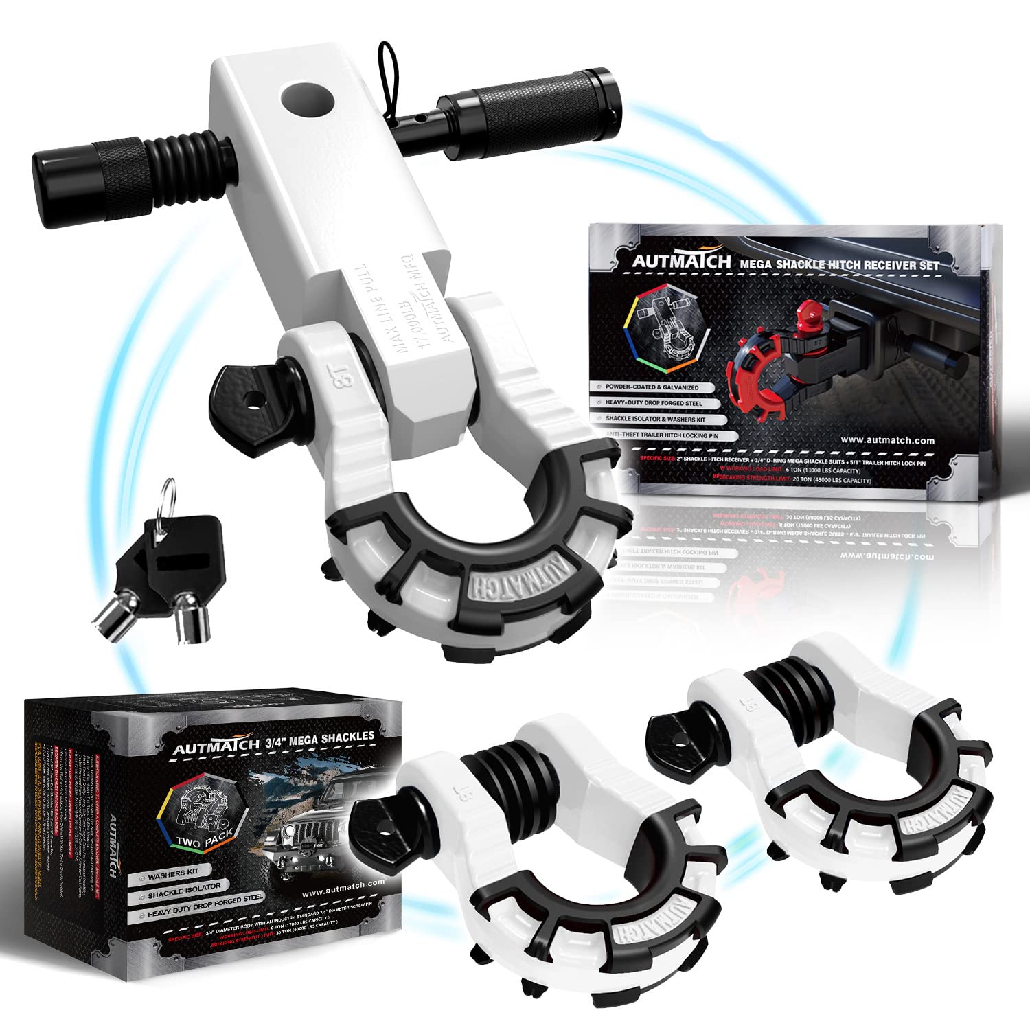AUTMATCH Mega Shackles 3/4 D Ring Shackle and 2" Shackle Hitch Receiver with 5/8" Trailer Hitch Lock Pin, 68,000 Lbs Break Strength Heavy Duty Receiver Kit for Vehicle, White