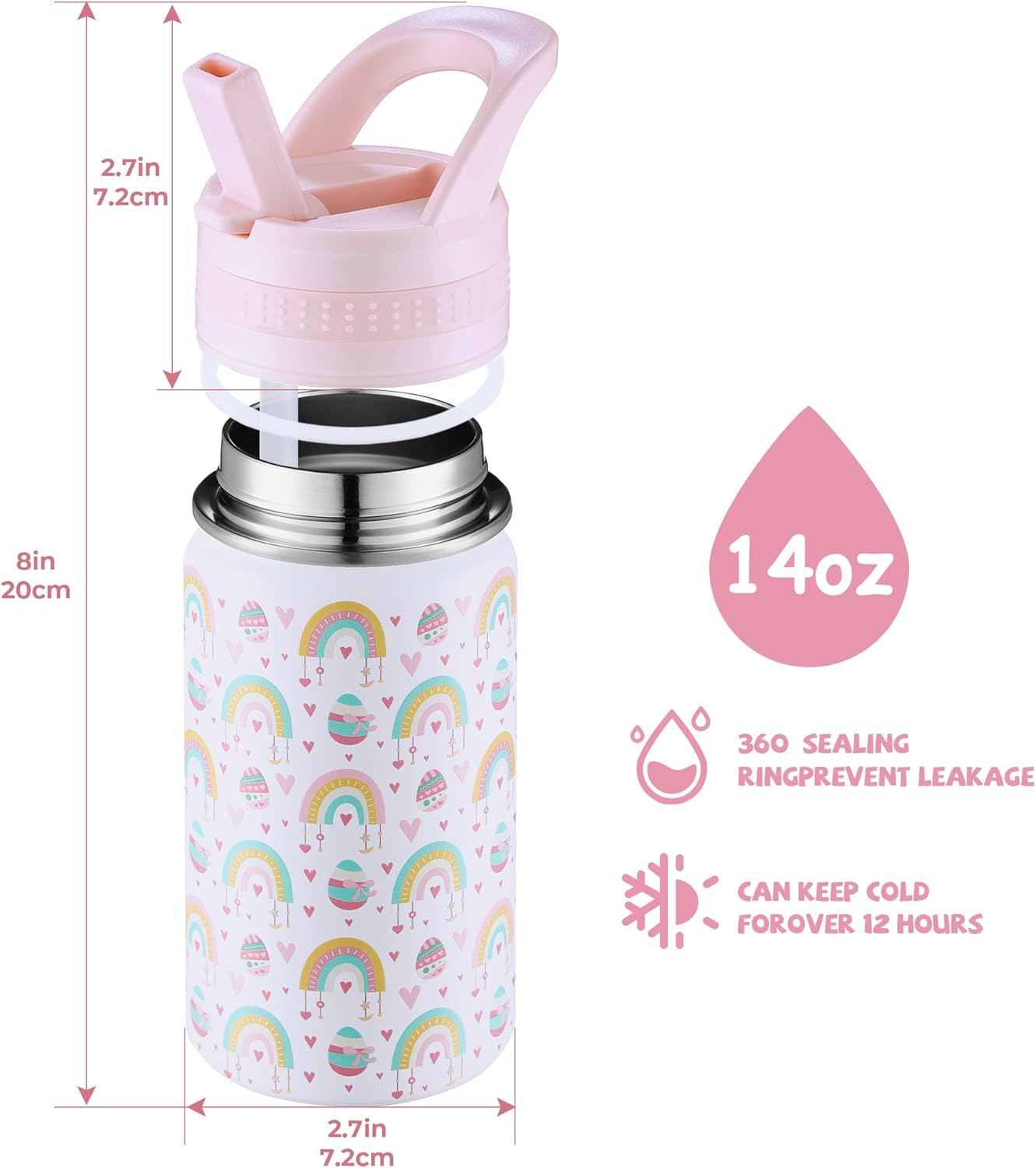 14 Oz Kids Water Bottle, Stainless Steel Water Bottle with Straws, Leak-Proof, BPA-Free, Insulated Water Bottles for School Boys & Girls|White Rainbow - Image 3