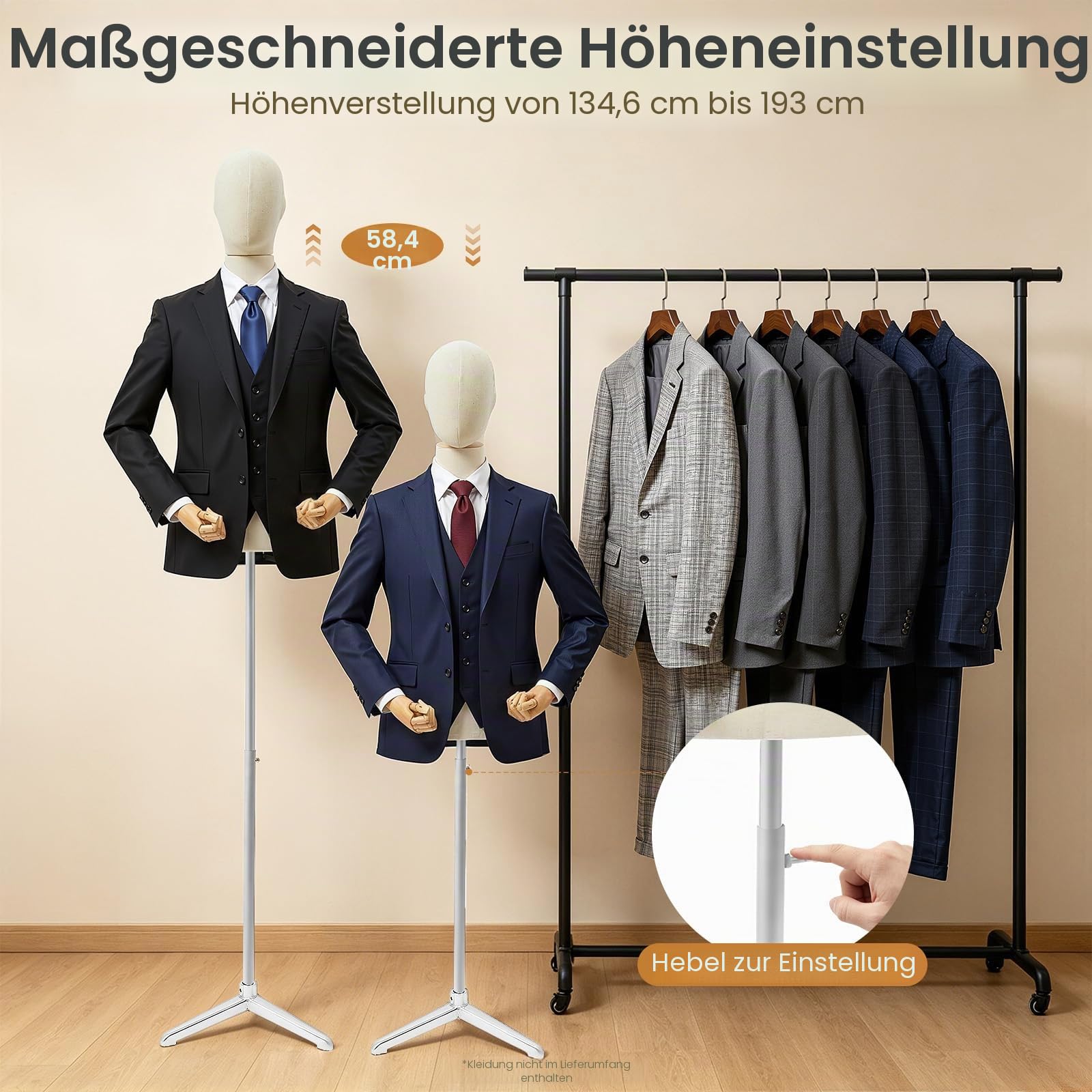 Schneiderpuppe Einstellbare Höhe Herren Schaufensterpuppe,Schneiderbüste Mit Verstellbarer Kopf,Arme und Finger,für Bekleidungsgeschäfte,Schneidereien, Hochzeitskleider (Leinen+Silber, M)