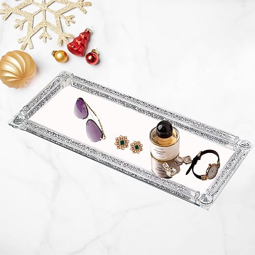 Miniatura 7 de Crystal Glass Serving Tray, Crushed Diamond Filled Modern Glass Mirror Jewelry Trinket Tray, 13.7" x 5.9" Rectangular Makeup Perfume Tray for