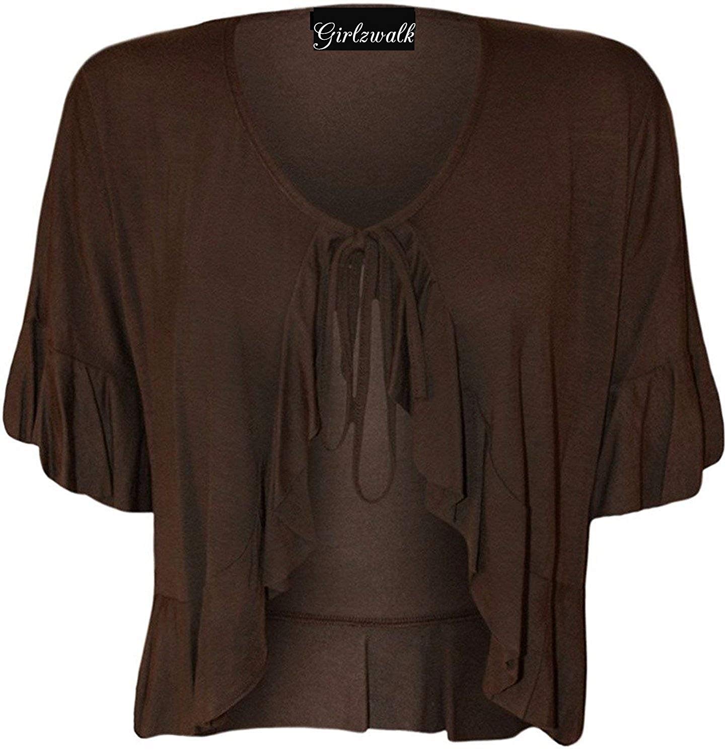 GOSTYLES® Womens Short Sleeve Stretch Frill Front Tie Cardigan, Ladies Elegant Summer Layer Cropped Bolero Shrug Top (Brown, 18)