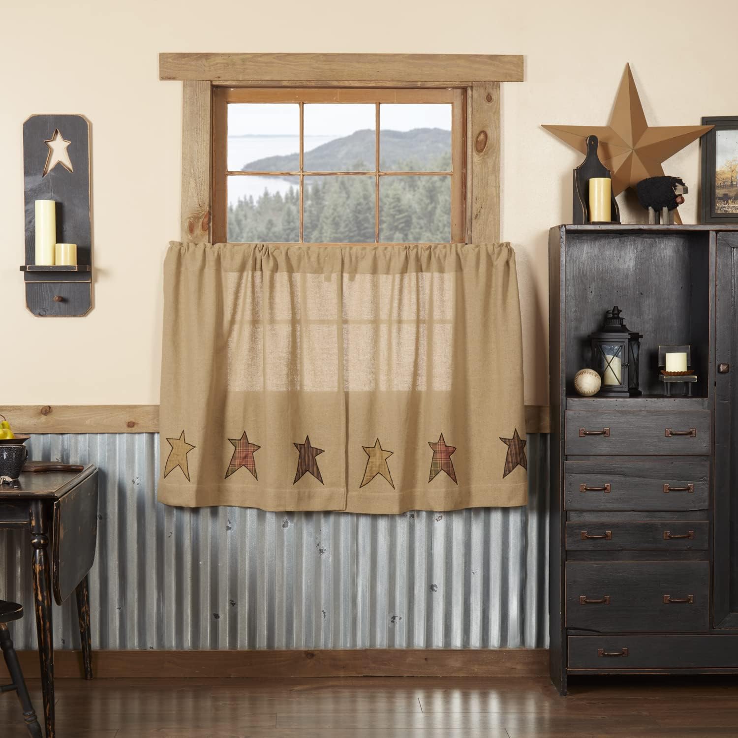 VHC Brands Stratton Primitive 36"x36" Burlap Star Tier Pair Tan Rod Pocket Appliqued Cotton Kitchen Window Curtains