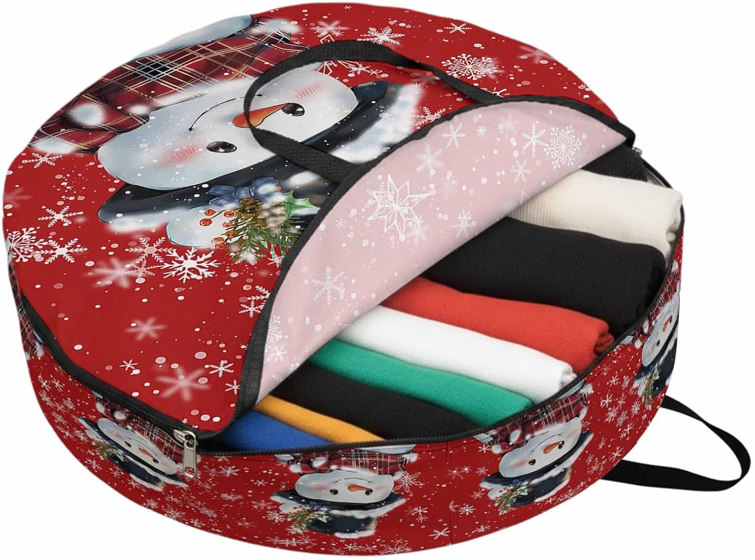 Christmas Snowman Round Storage Bag 36 Inch, with Snowflakes Red Texture Clothes Storage Container with Handles Heavy Duty Organizer for Comforter, Bedding & Holiday Wreaths