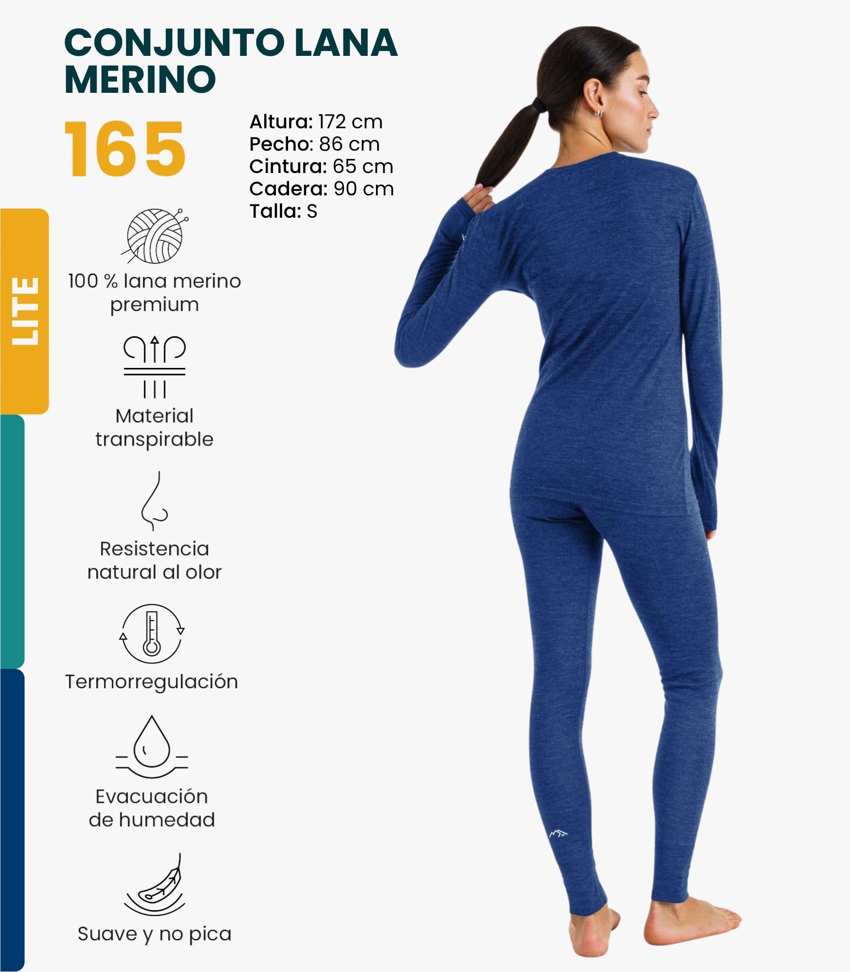 Merino.tech Conjunto Lana Merino Mujer - Termica Lana Merino con Calcetines (Medium, 165 Lite Windsor Blue)