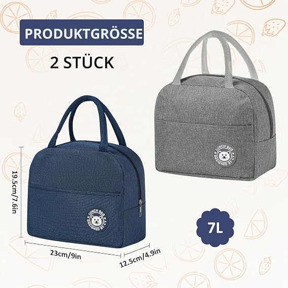 Pack of 2 Cool Bags Small 7 L Insulated Foldable Blue Grey for Men and Women Lunch Bag with Foil Lining Large Capacity Portable for Picnic School Office Work for Lunch Box Sandwiches