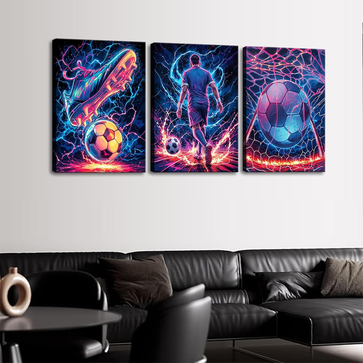 3Pcs Cool Soccer Canvas Wall Art Abstract Soccer Sneakers Posters Prints Paintings Neon Boys Football Themed Bedroom Wall Decor Artwork for Boys Room Teen Kids Playroom Decoration 16x24in - Image 5