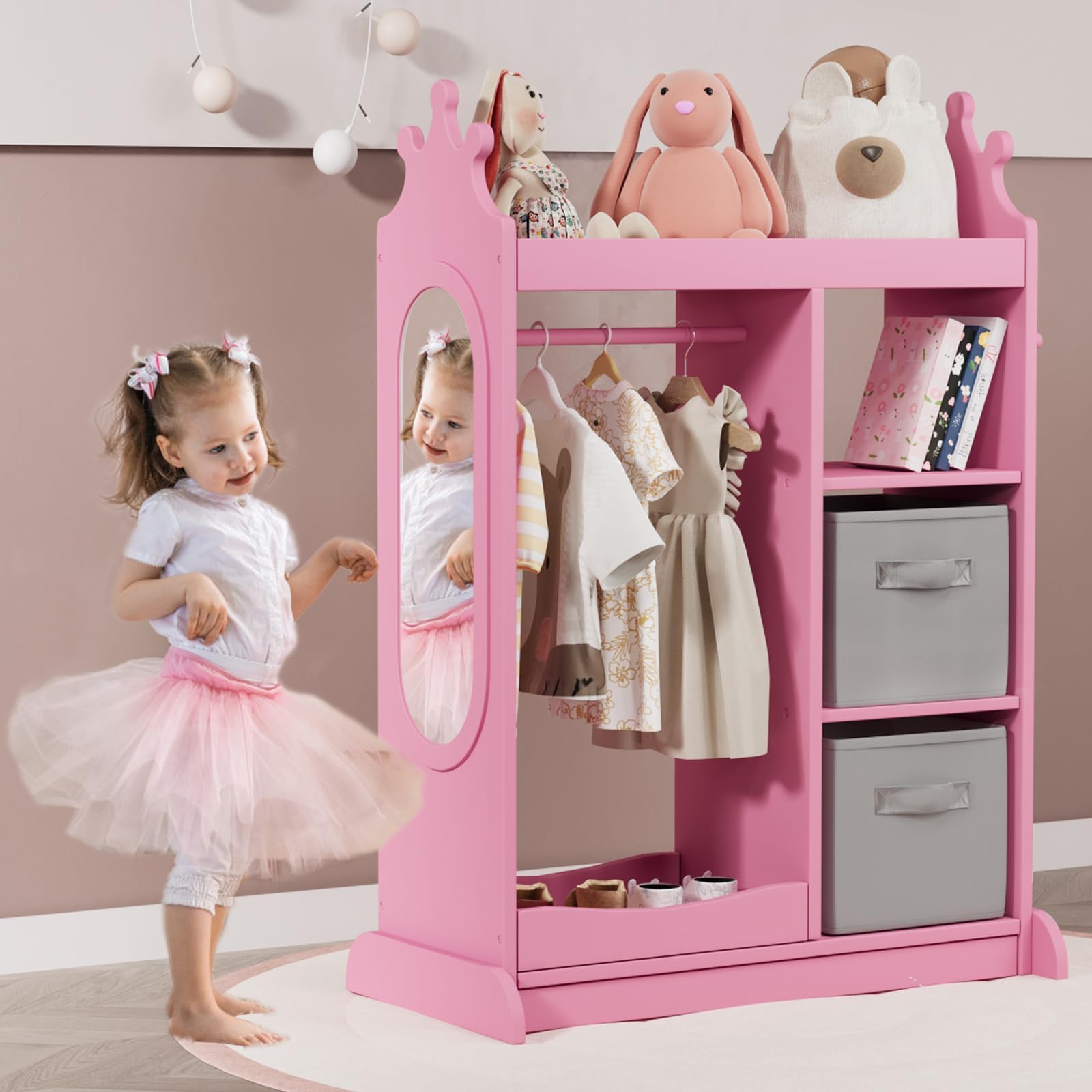 KIDINIX Kids Armoire with Mirror, Open Hanging Dress up Storage with Shelves and Fabric Storage Bins, Costumes Wardrobe Closet for Children, for Bedroom, Preschool, Classroom, Princess Pink