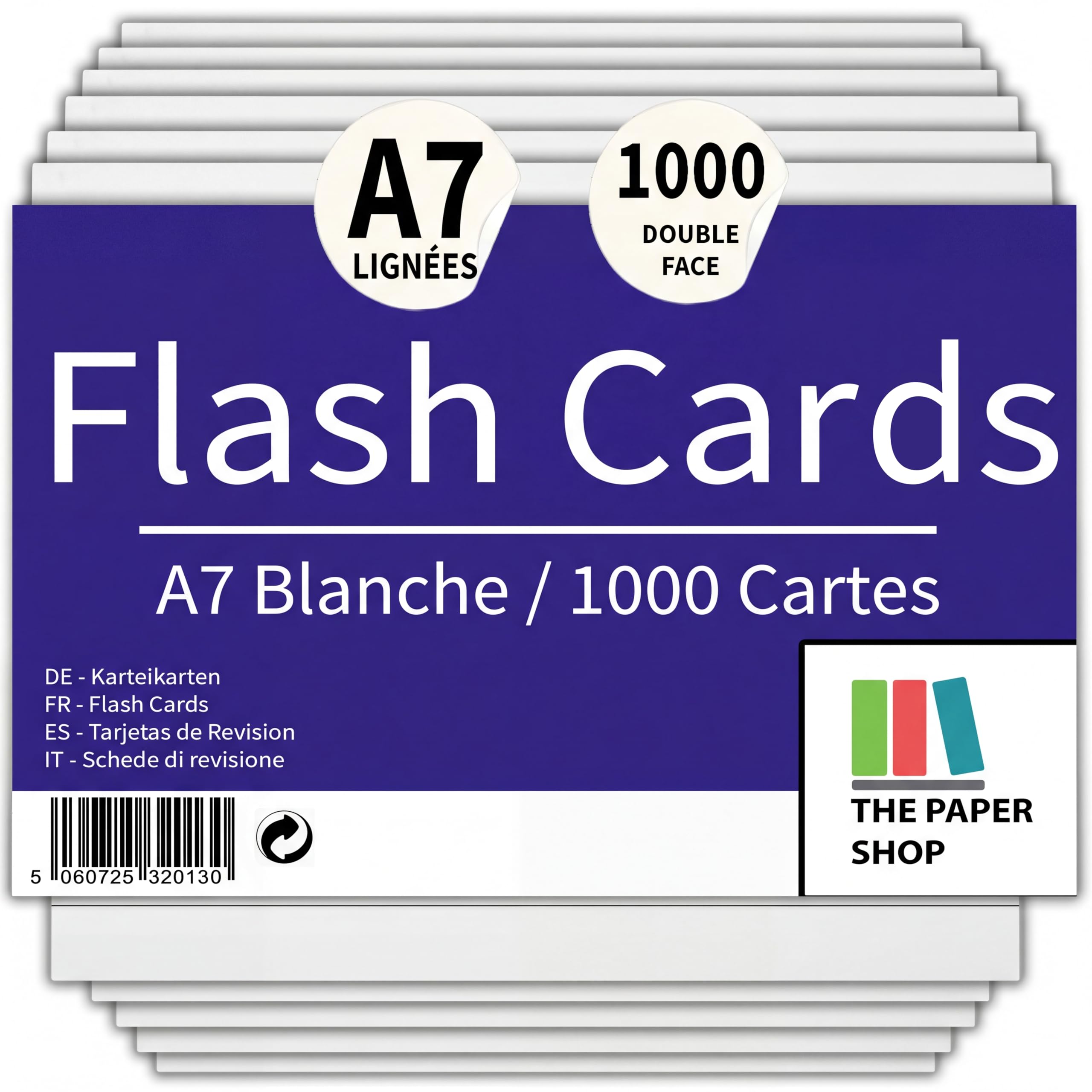 The Paper Shop Fiches Bristol A7 Lignées Blanches | 1000 Fiches de Révision 127 × 76 mm (5 × 3) | Flashcards Index Cards pour École Études Apprentissage Organisation Notes
