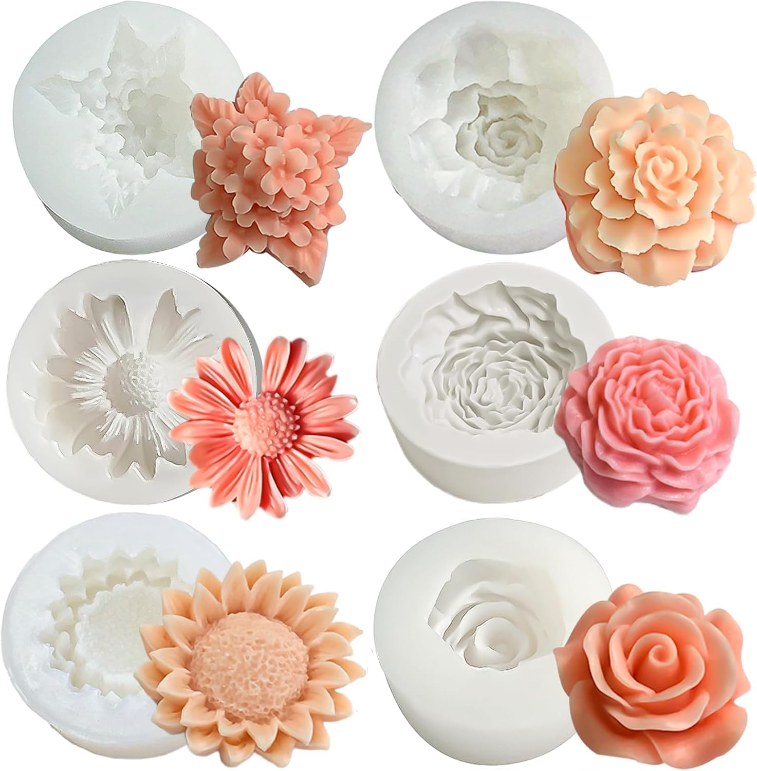 6 Pack Silicone Flower Candle Molds 3D Bloom Rose Lilac Daisy Flowers for Candle Making wax melts Aromatherapy Scented Home Decor Candles Resin Soy Wax Handmade Soap Crafts Fondant Cake Decoration-image-14