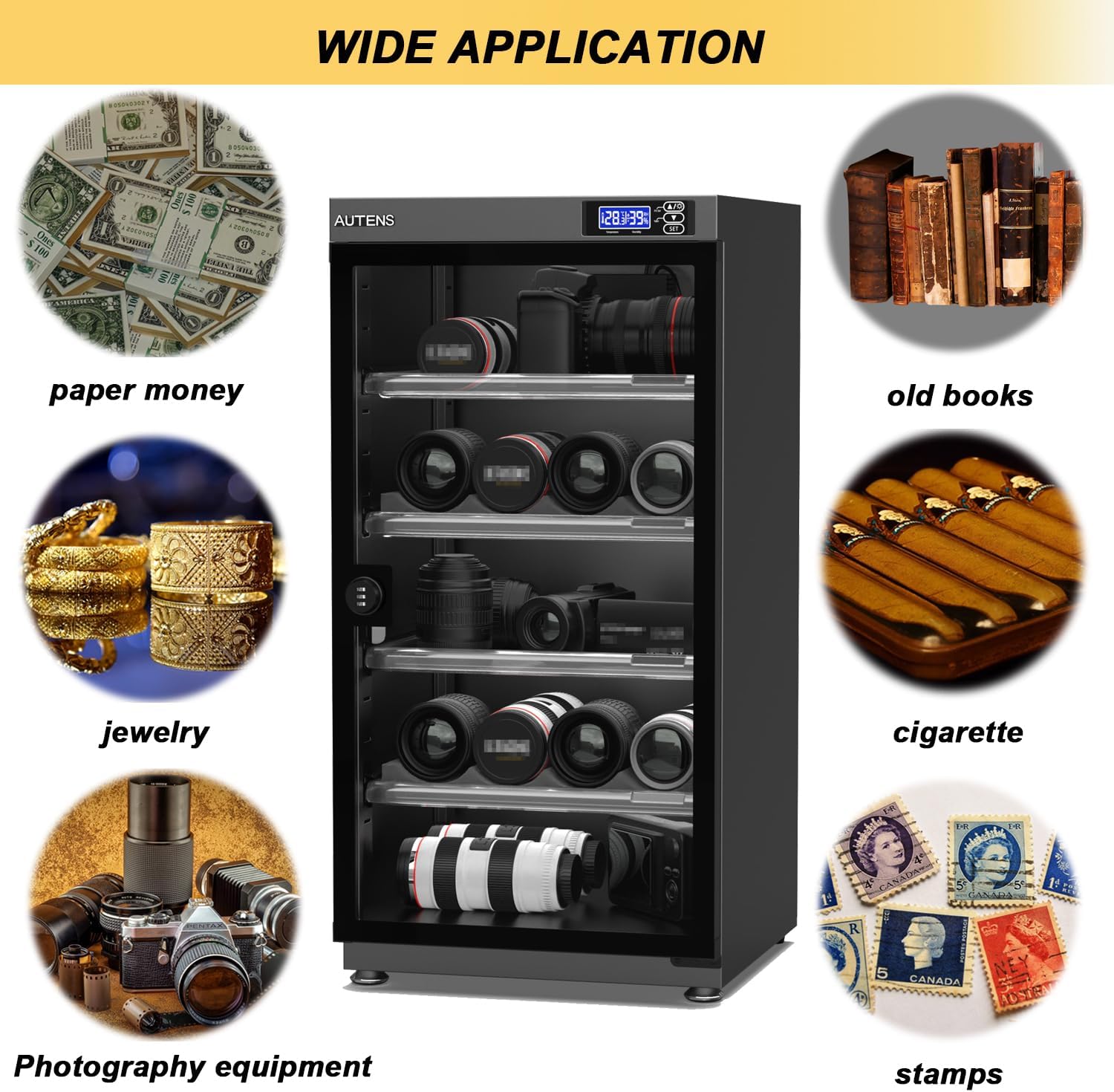 AUTENS Dehumidifying Dry Cabinet Box with Combination Lock,Digital Control Noiseless and Energy Saving,for Camera Lens,Electronic Equipment,Collectibles Storage,Temperature Humidity LED Screen (100L)