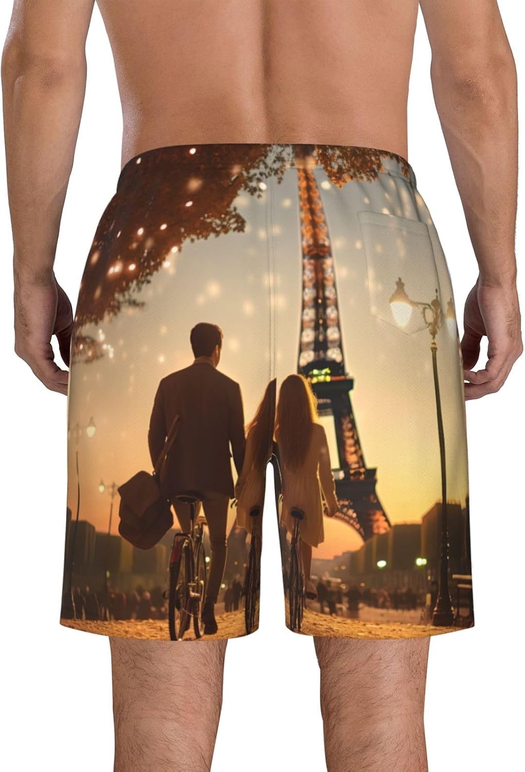 Mens Romantic Paris Eiffel Tower Bycicle Print Beach Shorts,Casual Summer Shorts for Men,Quick Dry Polyester