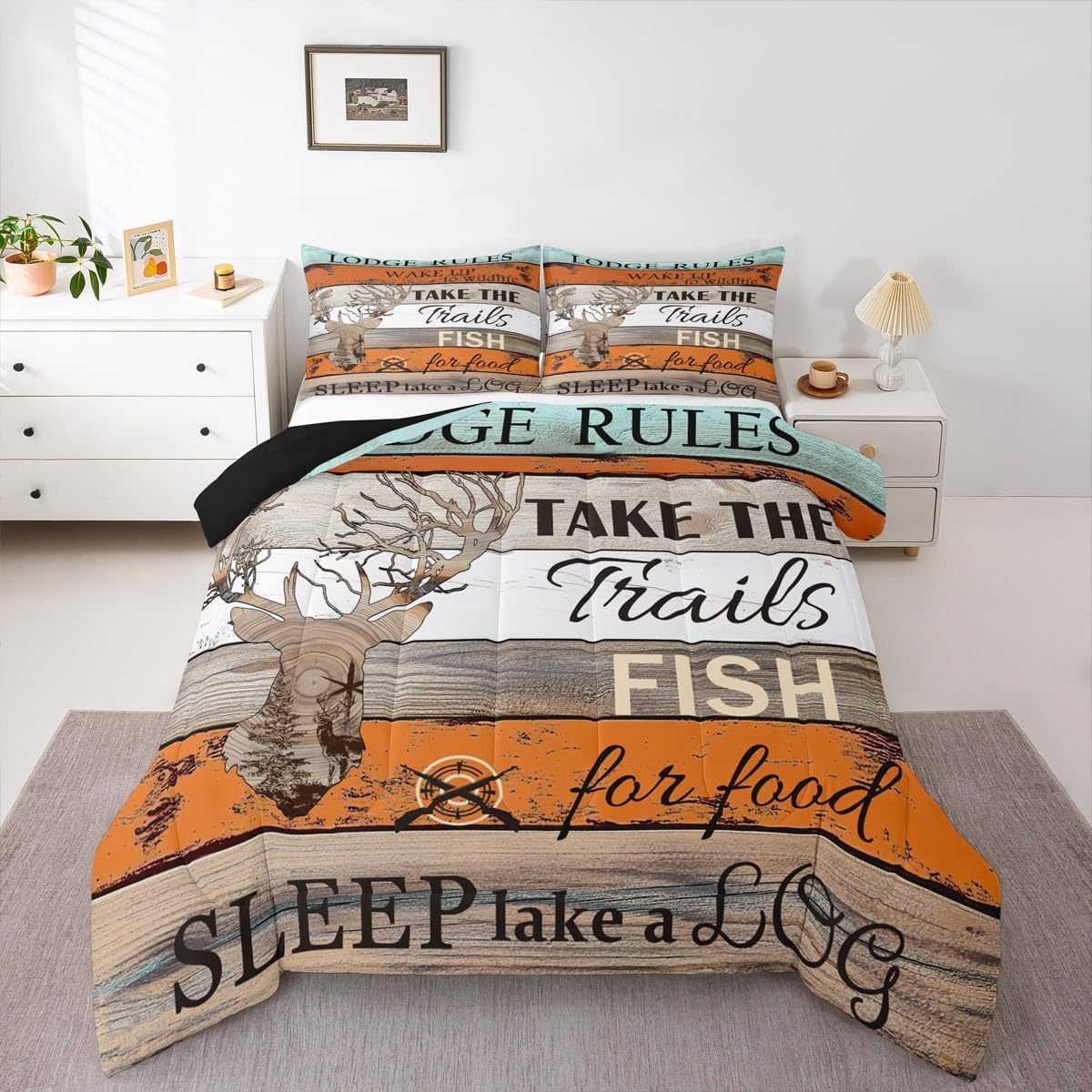 Erosebridal Hunting Deer Bedding Set, Rustic Farmhouse Comforter Set Twin Size, Retro Wooden Barn Door Duvet Insert Woodland Wildlife Animal Down Comforter Lodge Cabin Gifts for Women, Orange Brown