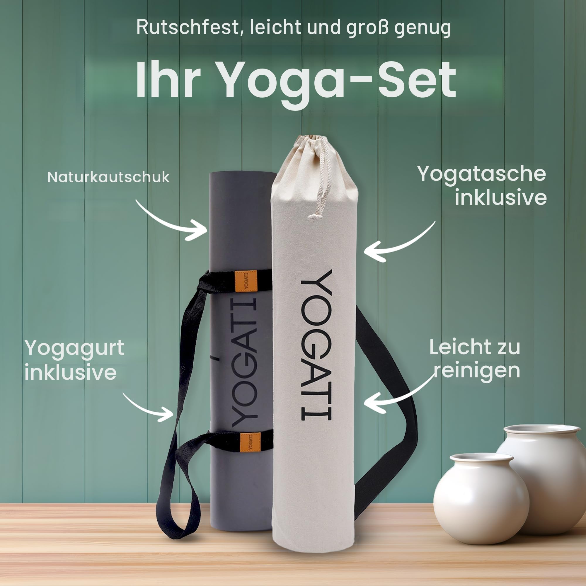 YOGATI® Yogamatte rutschfest Naturkautschuk mit Tasche - Yoga Matte groß mit Markierung, Sportmatte breit, Ideal für Fitness, Pilates und Gym Workout, Fitnessmatte Rutschfest für Damen