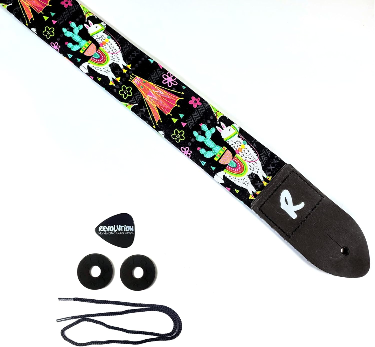 Llama Guitar Strap -Cactus, Genuine Leather Ends, Includes 2 Strap Locks & 1 Pick. Adjustable Strap, For Bass, Electric & Acoustic Guitars Gift for Guitar Players Men, Women & Kids