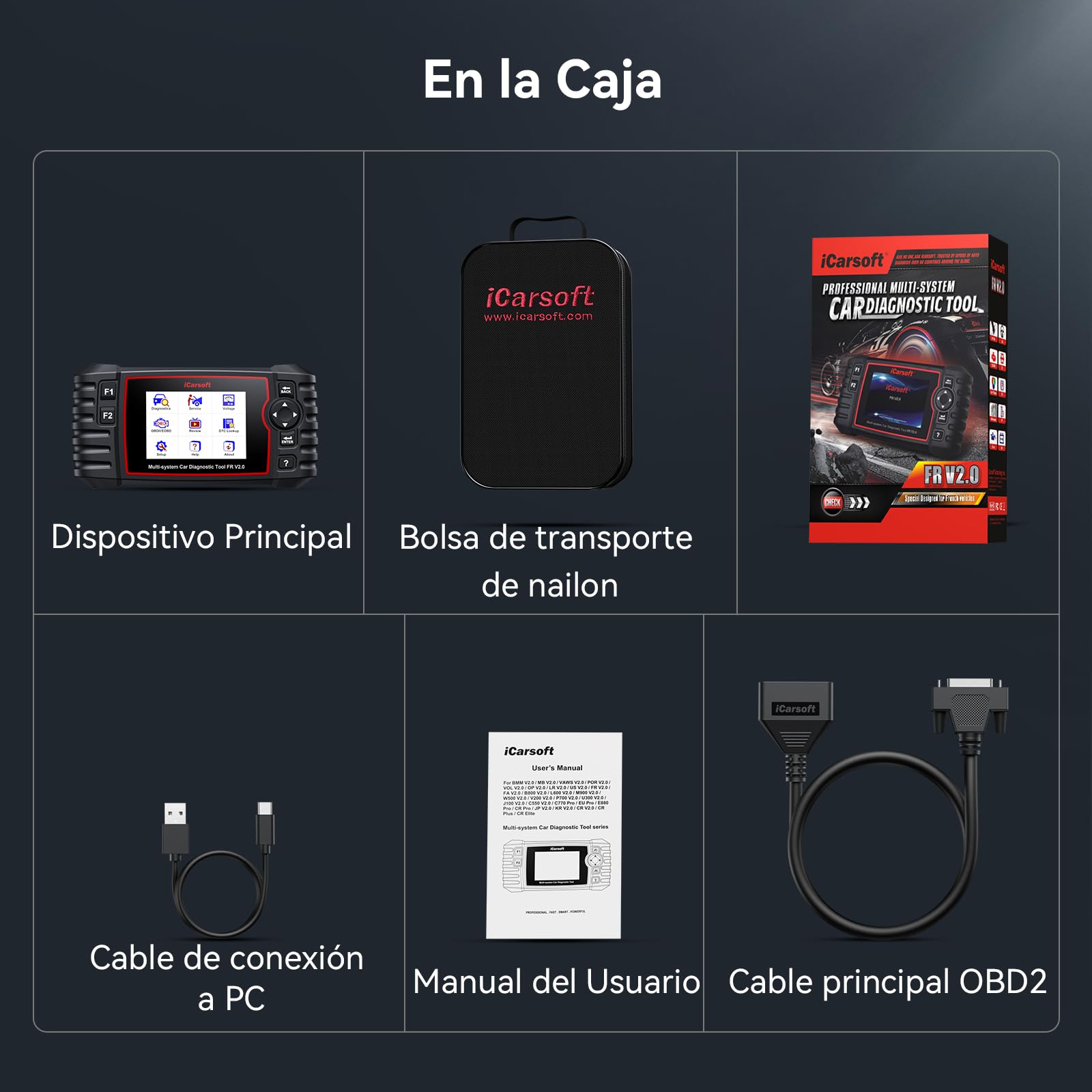 iCarsoft FR V2.0 OBD2 Máquina Diagnosis Coche para Renault/Citroen/Peugeot/Fiat/Dacia/Alfa Romeo, Escáner de Todo el Sistema, 9 Funciones Reinicio, Prueba de Batería, Actualización de por Vida