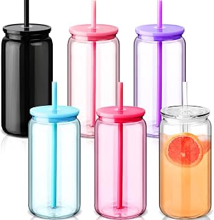 6 Acrylic Mason Jars with Lids and Straws 16 oz Drinking Plastic Tumbler with Straw Iced Coffee Cups Water Bottles Mugs for Wedding Party Favor Water Milk Beer Juice Beverage (Colorful)