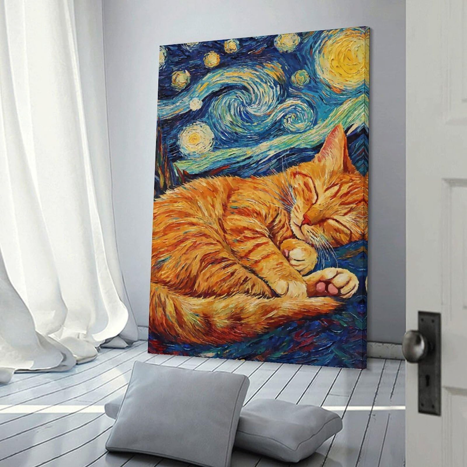 Junmoney Frame-Style-7 Orange Cat Kitten Sleeping Canvas Wall Picture, 24X36inch(60X90cm), For Living Room, Bedroom Or Apartment Walls, Decorative Artwork For Empty Walls