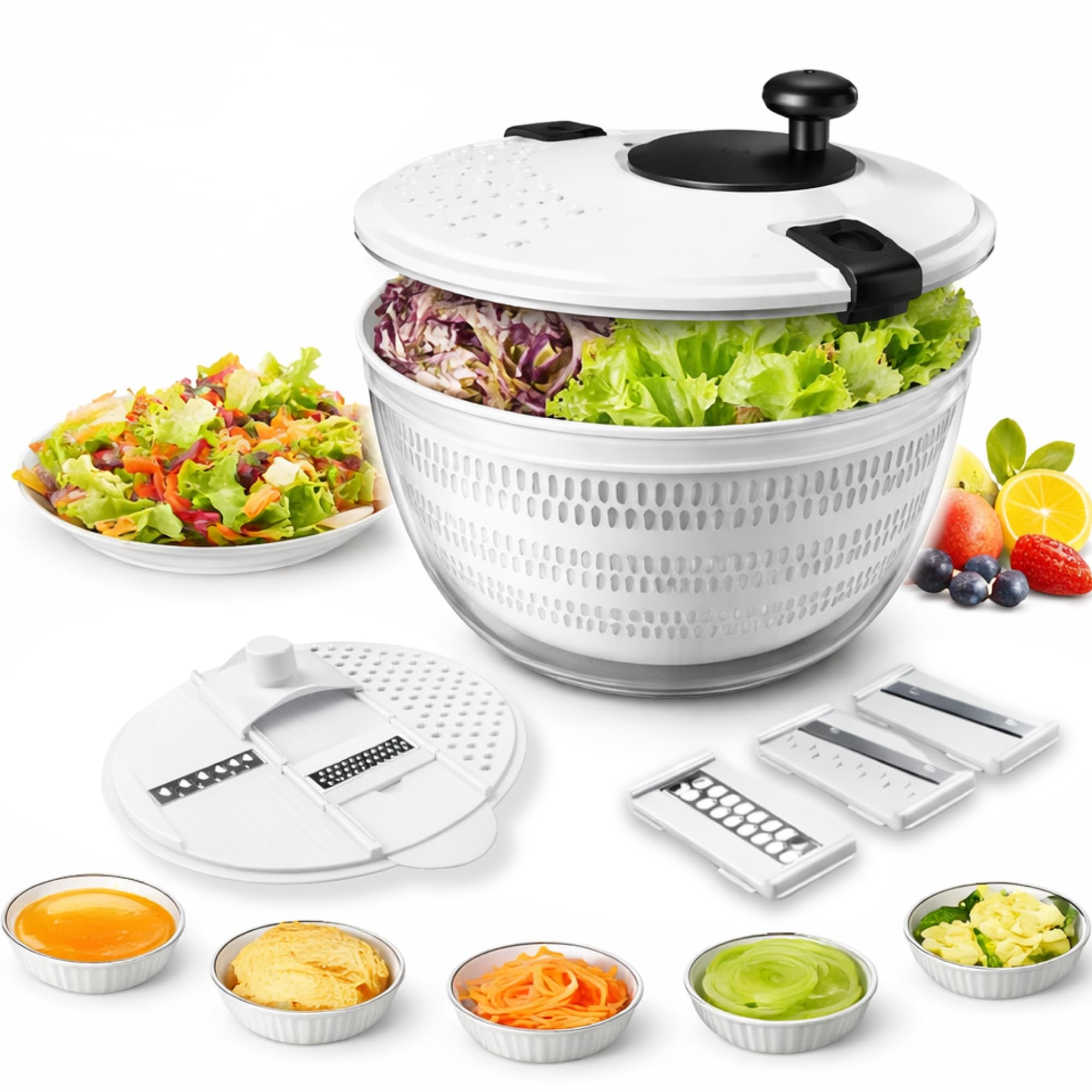 TASTFI - Centrifugadora de Lechuga 5L,Escurridor de Ensalada con Base Antideslizante, Secador de Lechuga BPA Free con Colador y Bol, Incluye Tapa con Cortador de Verduras y 6 Cuchillas Intercambiables