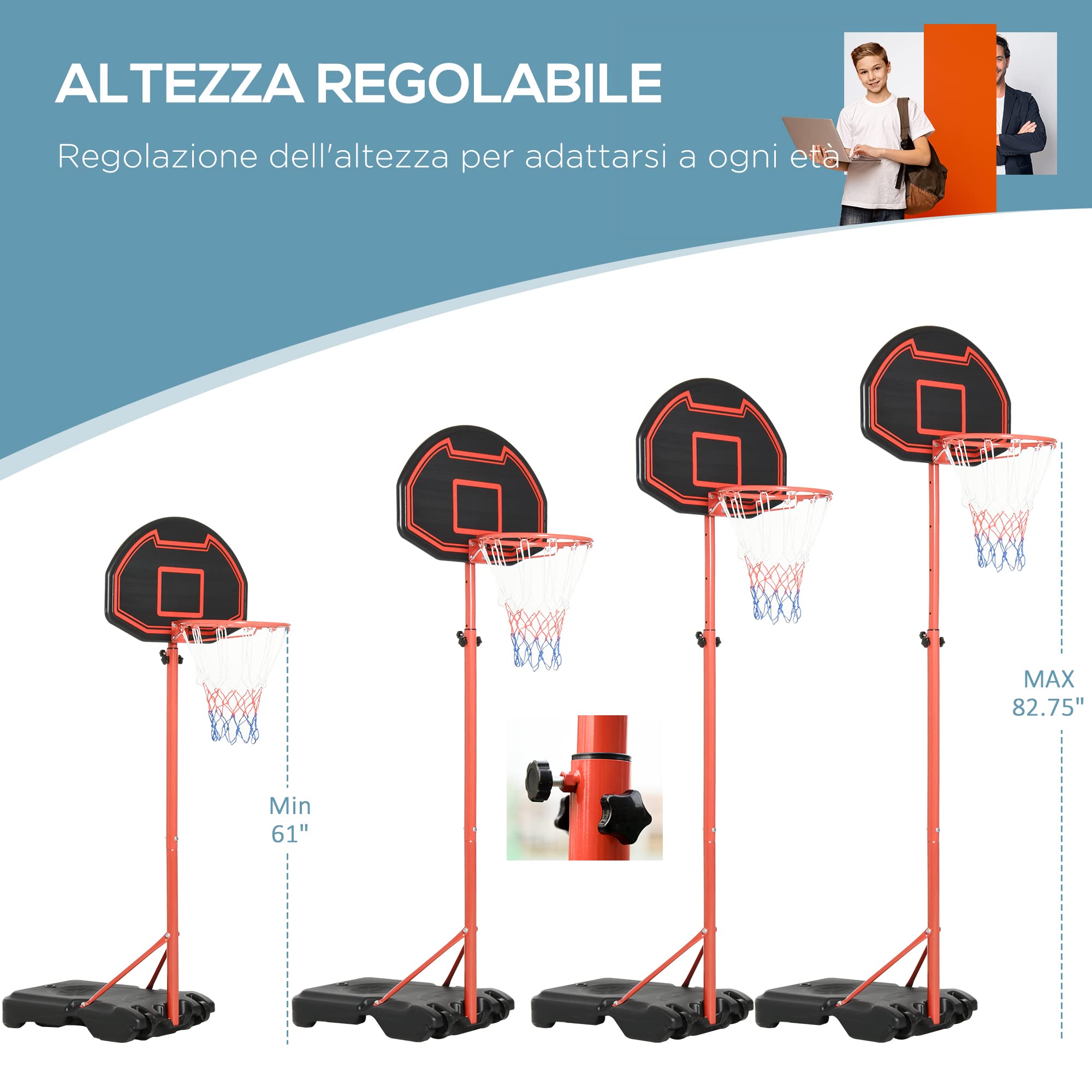 HOMCOM Canestro Portatile Canestro Basket da Esterno con Altezza Regolabile 193.5-248.5cm e Base da Riempire con Acqua o Sabbia, in Acciaio e Nylon 73x49x194-249cm