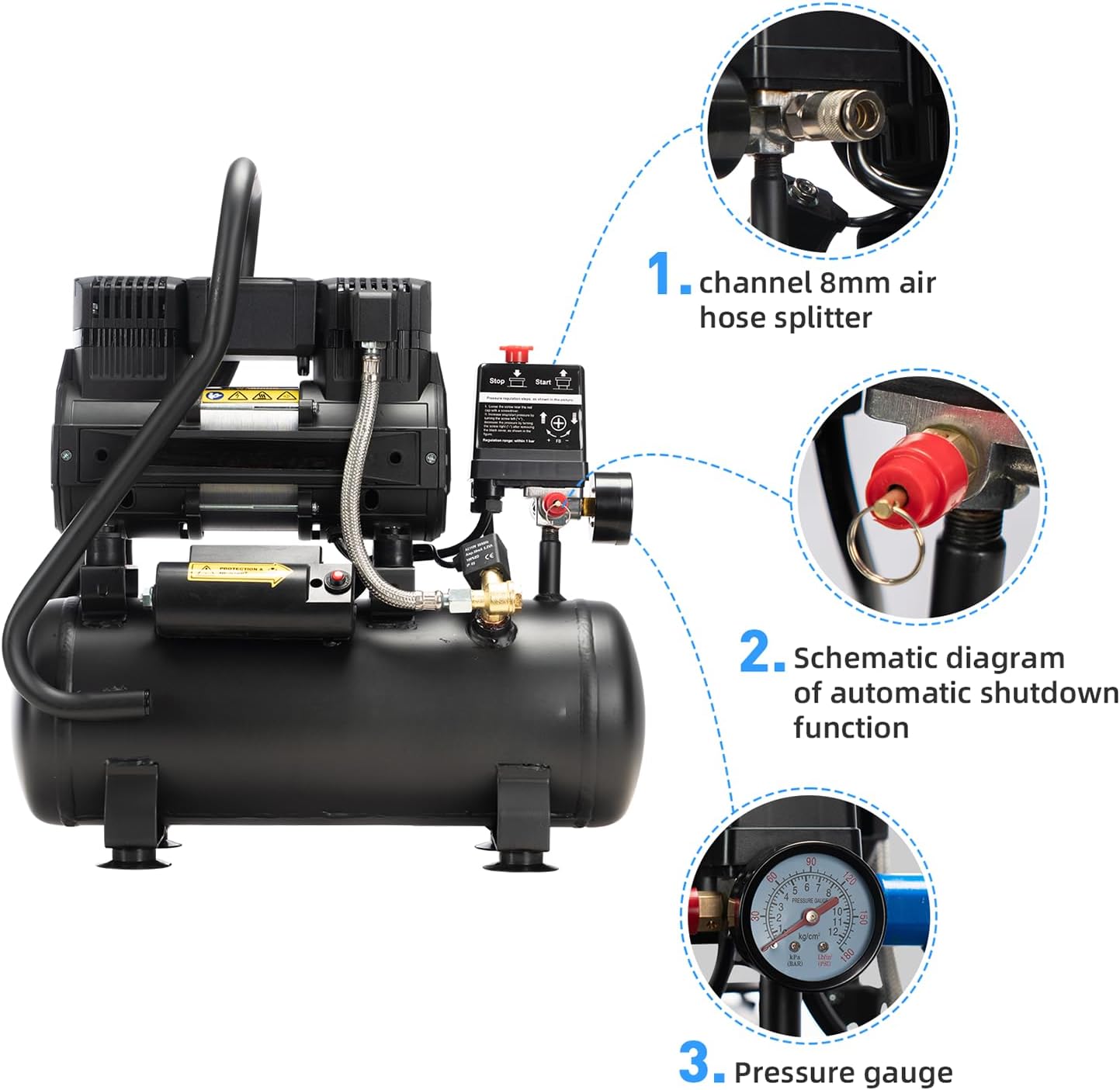 2 Gallon Oil-Free Air Compressor, 65dB Lower Noise Operation, 1.0HP Electric Air Compressor Pump with 100 PSI Max Pressure & Auto Stop, for Inflation, Painting, Nailing Tools